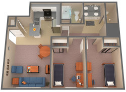 Floor plan of a Compass Point two bedroom, one-and-a-half semiprivate bathroom, kitchen, and living room.