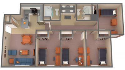 Floor plan of Compass Point four-bedroom, two-bath unit with living room and kitchen 