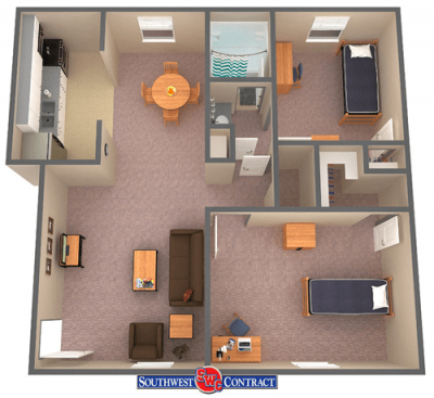 Floor plan for Unviersity Crossing showing 1 large bedroom, 1 small bedroom, and a shared bathroom with a kitchen and living room