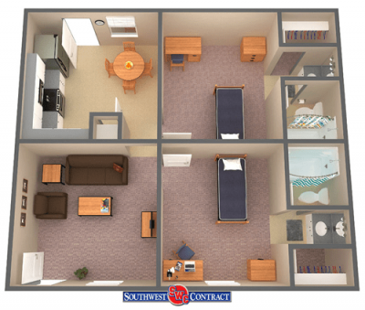 Floor plan of University Crossings two-bedroom, two-bath apartment with kitchen and living room 