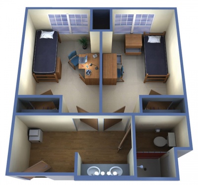 Floor plan of University Crossings two-bedroom, one-bath suite.