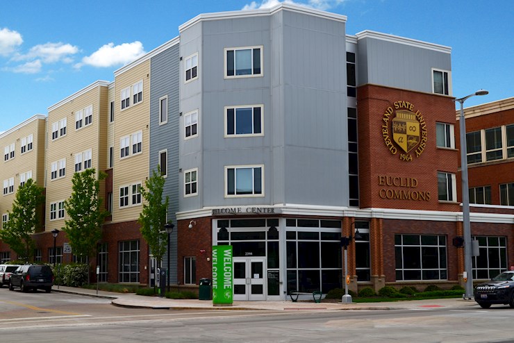 A corner shot of the exterior of Euclid Commons at Cleveland State University 