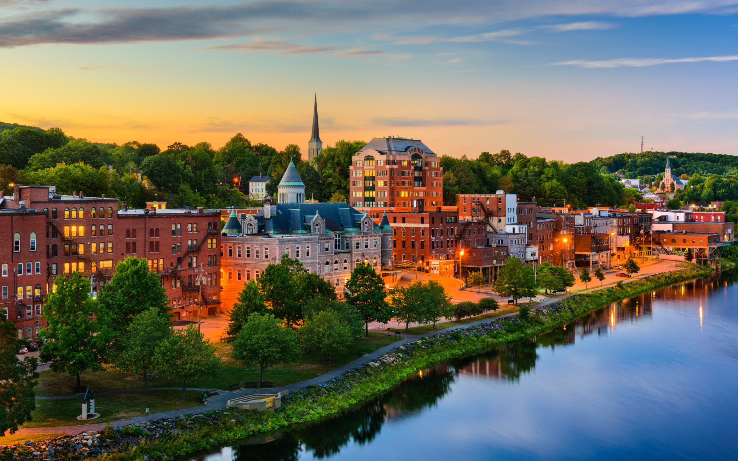 Augusta, Maine city skyline at sunset