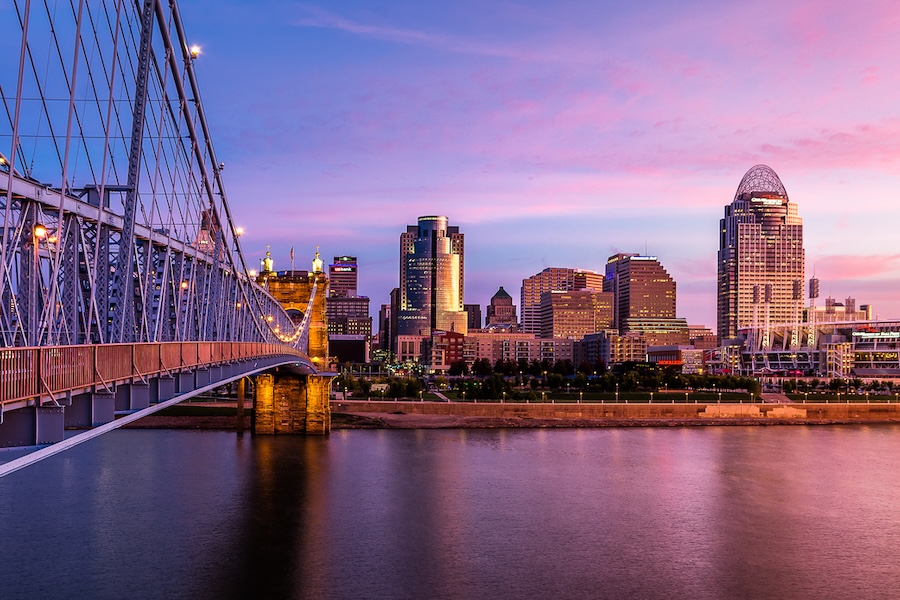Cincinnati city skyline at sunset