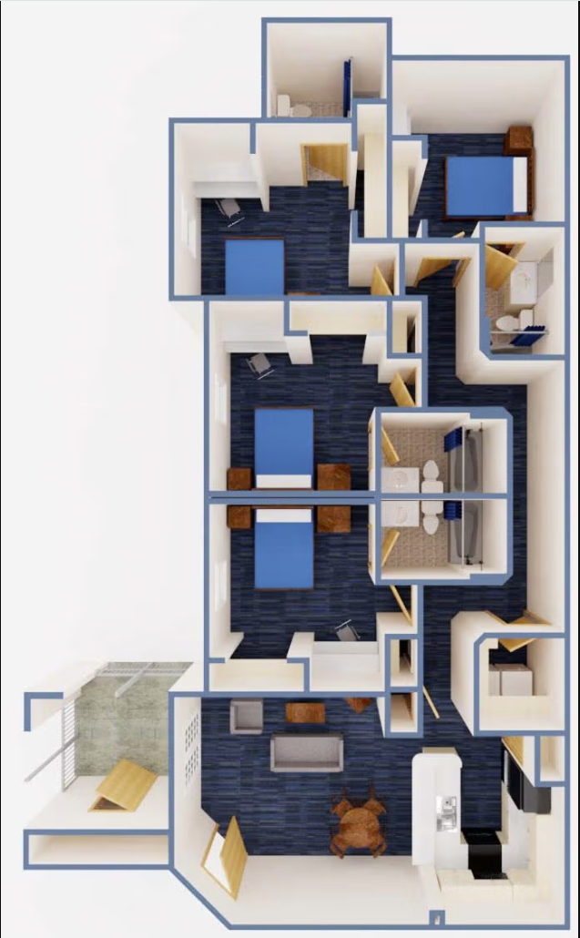 Floor plan of a 4 bedroom 4 bath apartment in Freedom's Landing