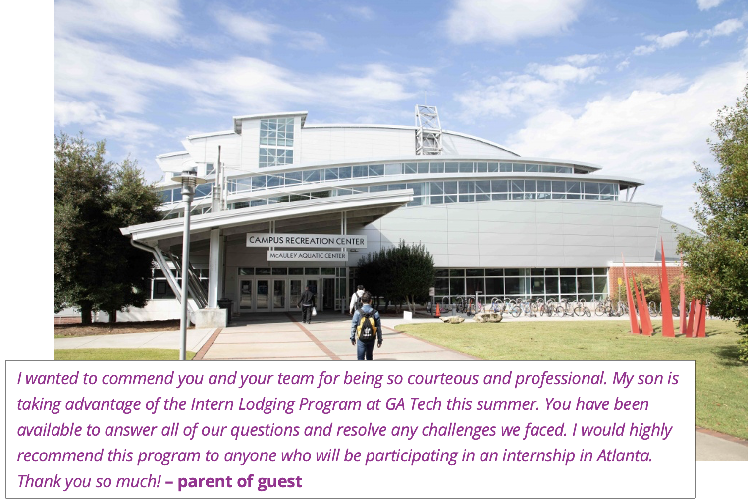 Image of Georgia Tech building with a testimonial quote from a parent