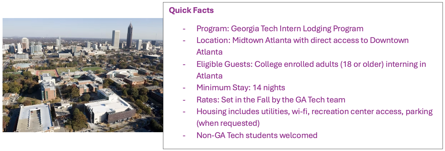 Image of Atlanta, GA and quick facts listed next to it
