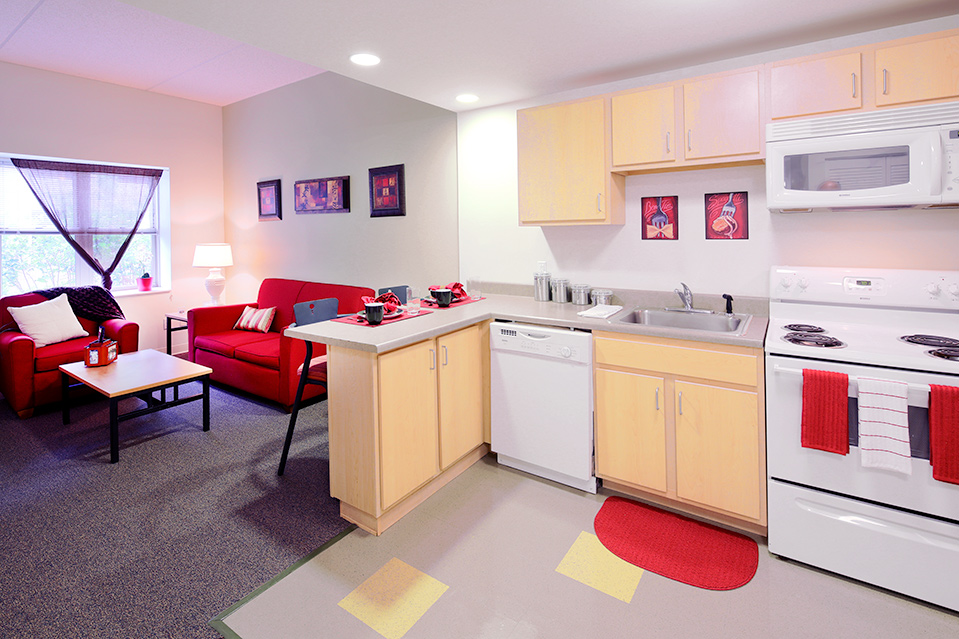 University of Cincinnati intern housing kitchen and living room