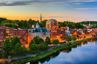 Augusta, Maine city skyline at sunset