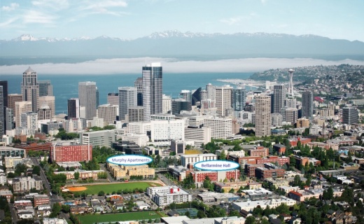 Aerial view of Seattle University with available residences marked