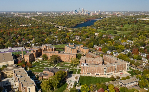 Arial view of the St. Paul Campus, downtown Minneapolis is visible in the background