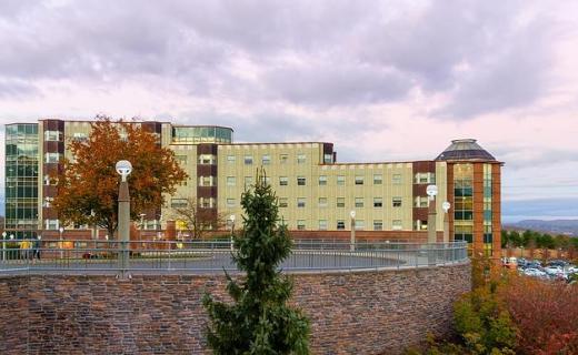 A side view of York Hill with a cotton candy sky