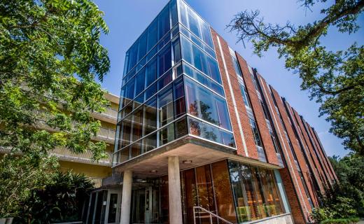 An exterior corner angle picture of a residence hall at Tulane University