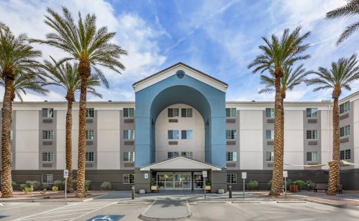 Exterior shot of the front of the renovated Sonesta Simple Suites Las Vegas - a conveniently located intern housing option