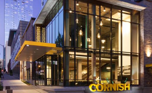 An exterior view of the Cornish Commons with the sign