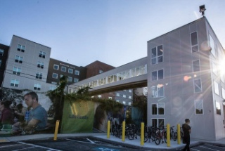 Exterior of UMass Lowell's summer guest housing residence hall, Riverview Suites