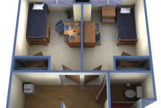Floor plan of University Crossings two-bedroom, one-bath suite.