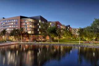 Lake view of the Lakeside Village at dusk
