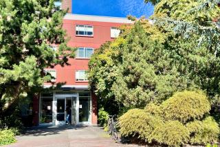 Exterior of a building with trees and plants along the walls