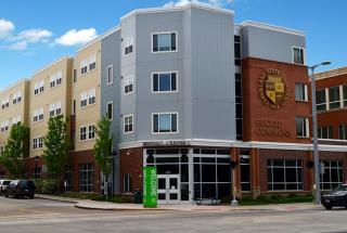 A corner shot of the exterior of Euclid Commons at Cleveland State University 