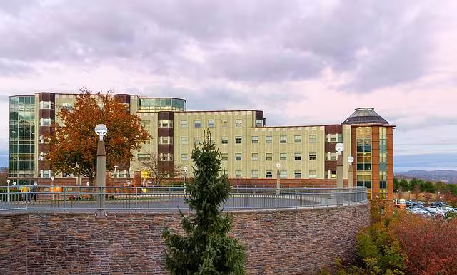 A side view of York Hill with a cotton candy sky